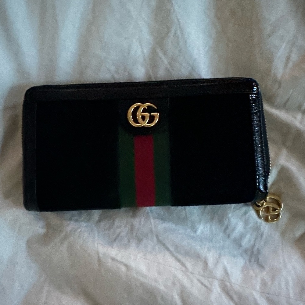 GUCCI Suede Patent GG Web Ophidia Zip Around Wallet in Black